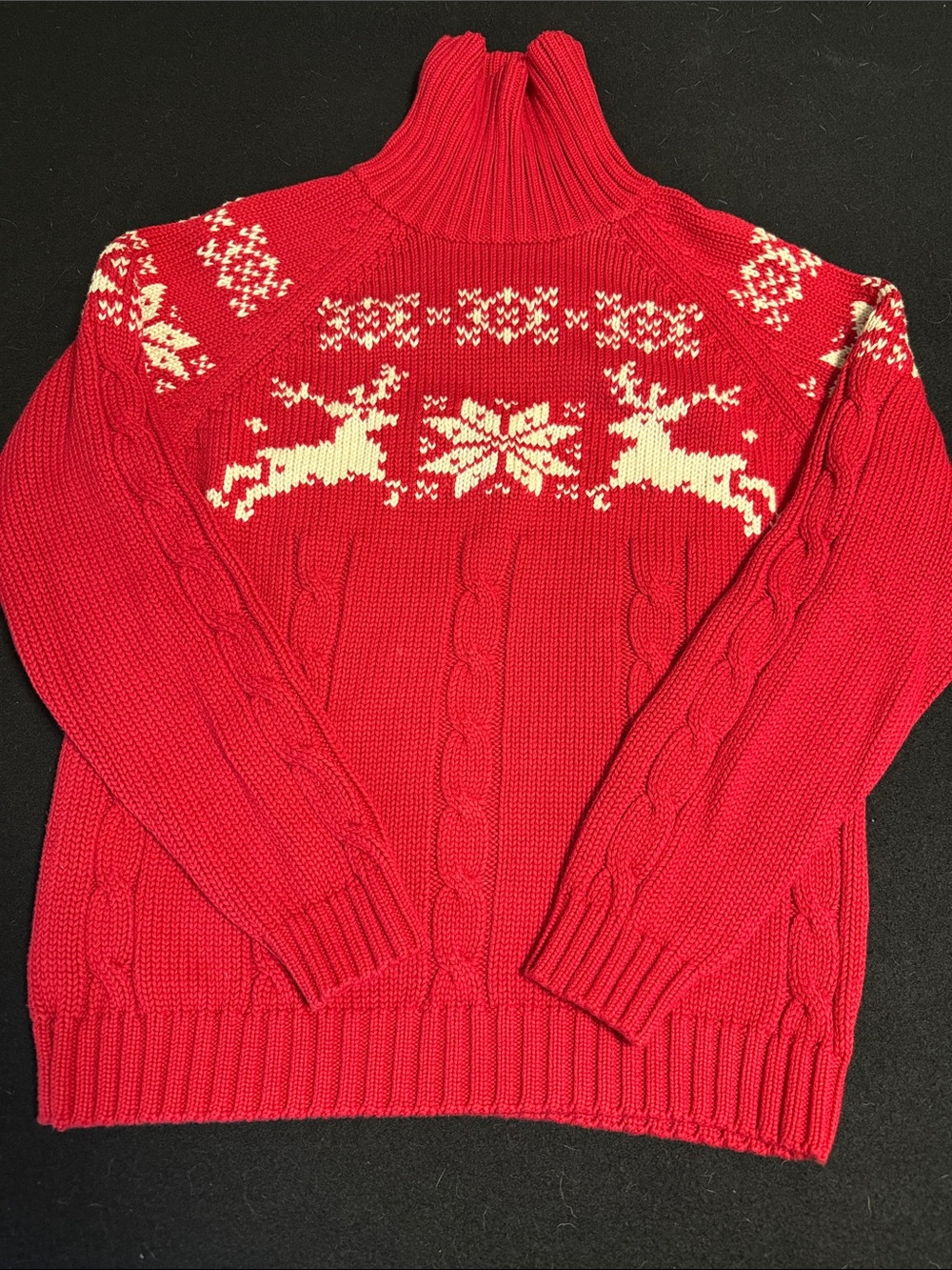 Lands' End Red Turtleneck Cable-Knit Sweater with Reindeer Motif